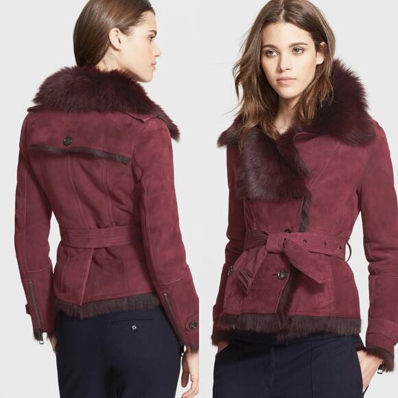 Burberry Burgundy Suede Shearling Haddingcroft Double Breasted Jacket US size 2 - Picture 1 of 16
